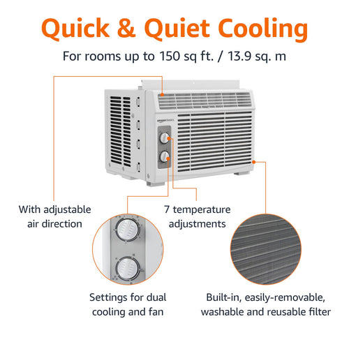 Amazon Basics 5000 BTU Window Air Conditioner - Quiet Operation For Small Rooms Up To 150 Sq Ft